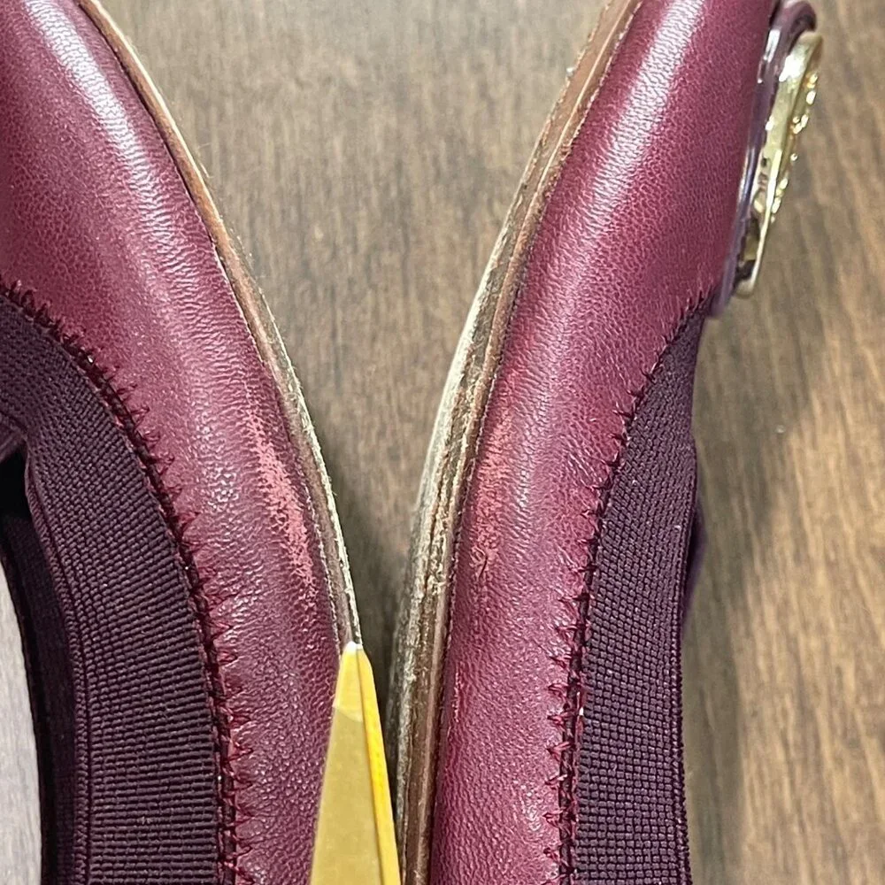 TORY BURCH Caroline 2 Leather Ballet Flat Women's Size 7M Gold Logo Wild Plum‎